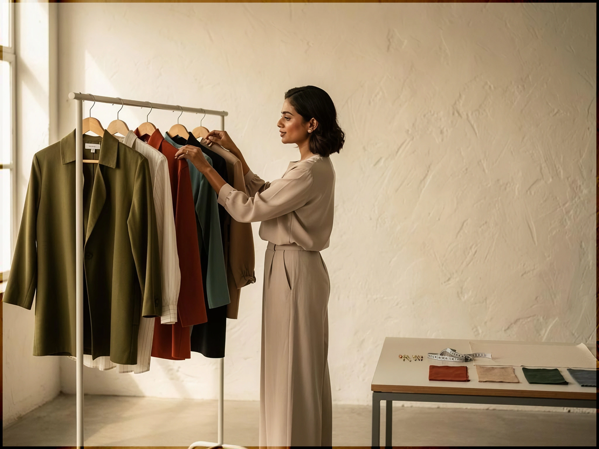 Woman curating a compact wardrobe in a daylight fashion atelier